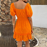 Mini Robe com Mangas Puff e Bordado Laranja