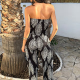 Salopete boho sem alças em preto e creme com calças largas