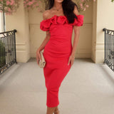 Robe Midi Bardot à Volants en Couleur Magenta