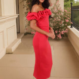 Robe Midi Bardot à Volants en Couleur Magenta