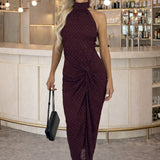 Robe Midi Halter com Saia Amarrada em Jacquard com Padrão de Diamantes em Tom Ameixa