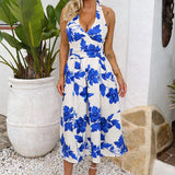 Roupão Midi Floral em Azul e Creme com Gola Halter