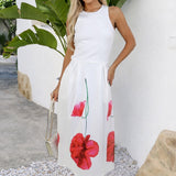 Vestido Midi A-Line Floral Creme com Decote Racer