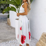 Vestido Midi A-Line Floral Creme com Decote Racer