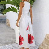 Vestido Midi A-Line Floral Creme com Decote Racer