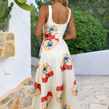 Elegante vestido midi A-line com estampa floral em tom creme e decote quadrado