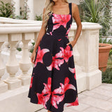 Vestido Midi A-line Floral em Preto e Cereja com Decote Quadrado