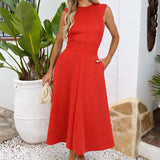 Robe Midi Vermelho com Decote Redondo e Saia em A