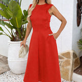 Robe Midi Vermelho com Decote Redondo e Saia em A