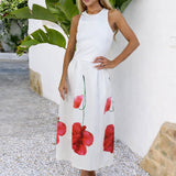 Vestido Midi A-Line Floral Creme com Decote Racer