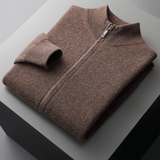 Cardigan de lã merino extra-fina com fecho de correr e detalhes em rib