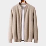 Cardigan de lã merino extra-fina com fechamento e detalhes em ribana