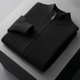Cardigan de lã merino extra-fina com fecho de correr e detalhes em rib