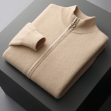 Cardigan de lã merino extra-fina com fecho de correr e detalhes em rib