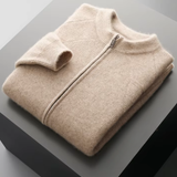 Cardigan de lã merino extra-fina com fechamento e detalhes em ribana
