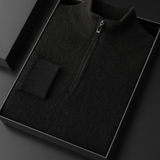 Pullover Preto de Cachemira Pura com Mangas Canelladas e Zíper Frontal