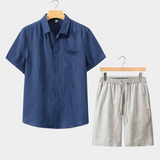 Conjunto de Verão com Mangas Curtas e Gola Alta - Marinho/Bege