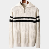 Pullover de lã merino extra-fina com fecho de correr central e riscas