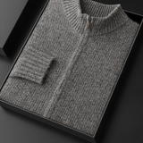 Cardigan de Caxemira Puro Cinza com Fecho e Acabamentos em Ribana