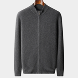Cardigan de Cachemira Pura Cinza Escuro com Fecho e Detalhes Sofisticados