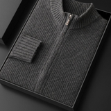 Cardigan de Cachemira Pura Cinza Escuro com Fecho e Detalhes Sofisticados