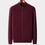 Cardigan de cashmere puro bordeaux com fecho éclair e detalhes em rib