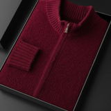 Cardigan de cashmere puro bordeaux com fecho éclair e detalhes em rib