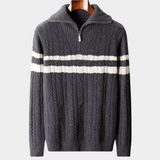 Pullover de lã merino extra-fina com fecho de correr central e riscas