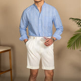 Camisa Vintage com Colar em Mistura de Linho e Listras