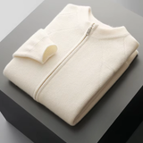 Cardigan de lã merino extra-fina com fechamento e detalhes em ribana