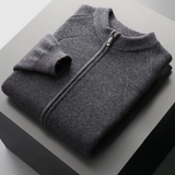 Cardigan de lã merino extra-fina com fechamento e detalhes em ribana