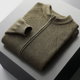 Cardigan de lã merino extra-fina com fechamento e detalhes em ribana