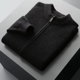 Cardigan de lã merino extra-fina com fechamento e detalhes em ribana