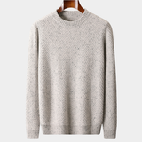 Pullover de caxemira cinza claro com detalhe em padrão herringbone no pescoço