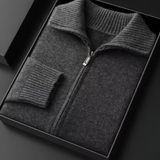 Cardigan em puro caxemira cinza escuro com gola alta