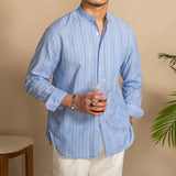 Camisa Vintage com Colar em Mistura de Linho e Listras