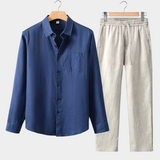 Conjunto de Verão com Mangas Longas e Gola Alta - Azul Marinho/Bege