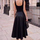 Rochie Midi A-line 2 în 1 din Piele Ecologică Neagră