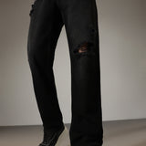 Straight Cut Black Ripped Jeans