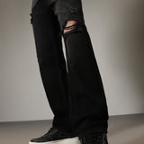 Straight Cut Black Ripped Jeans