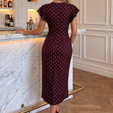 Vestido Midi Floral com Mangas de Borboleta e Estampa de Bolinhas Burgundy
