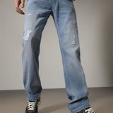 Jeans Carter Azul com Detalhes em Rib e Corte Reto