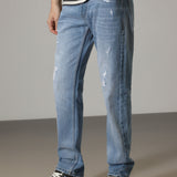 Jeans Carter Azul com Detalhes em Rib e Corte Reto