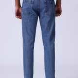 Jeans Carrot Fit Lavados em Azul Escuro