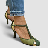 Taviana - Sapatos de salto patchwork com tiras em T e ponta fechada