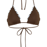 Top de Bikini Triangular Bloom - Chocolate com Detalhes em Bordado Azul Claro