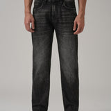 Jeans Pretos com Corte Reto e Efeito Desgastado