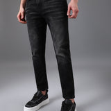 Jeans Slim Fit Cinza de Corte Médio