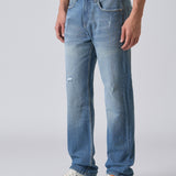 Jeans Azuis Desgastados com Corte Reto