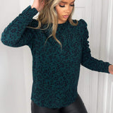 Blusa longa de manga longa plissada e estampada na cor teal